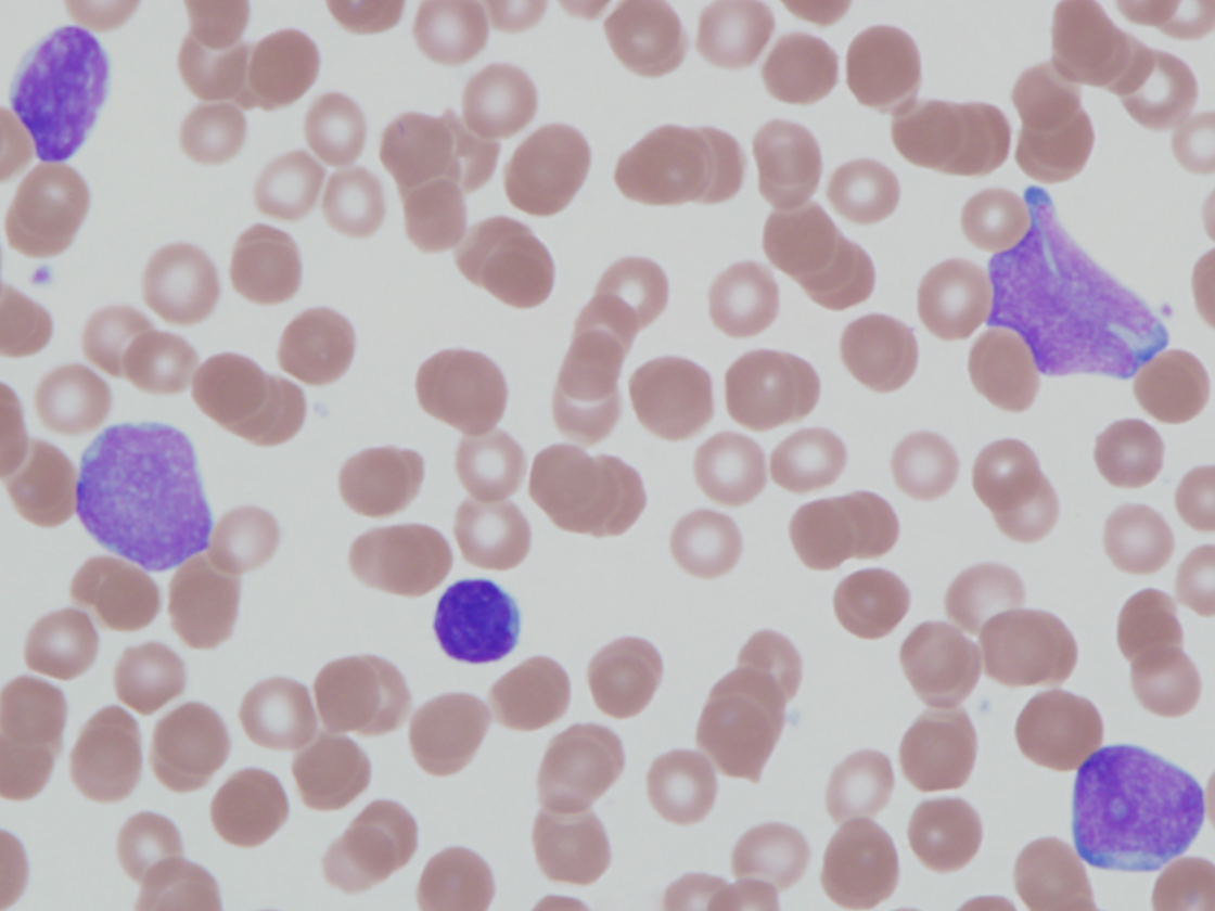 Figure 1c: Peripheral blood smear highlighting blast morphology (1000x magnification).